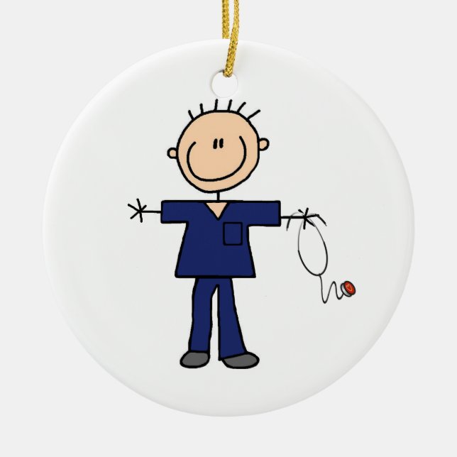 Male Stick Figure Nurse - Blue Ceramic Ornament (Front)