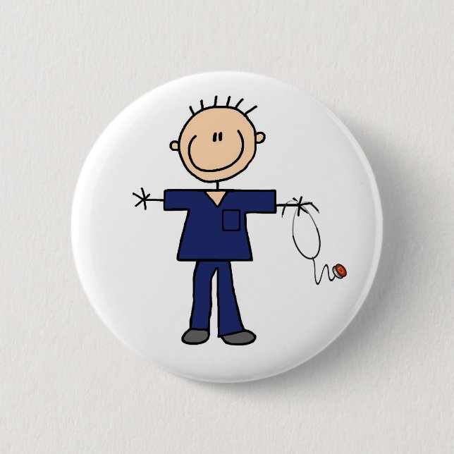 Male Stick Figure Nurse - Blue Pinback Button (Front)