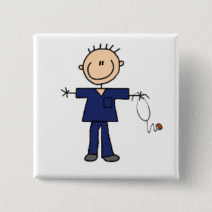 Male Stick Figure Nurse - Blue Pinback Button