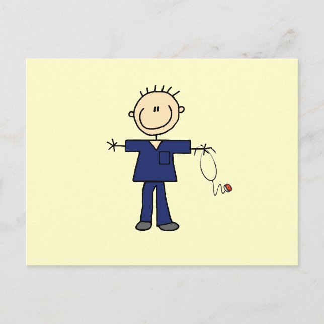 Male Stick Figure Nurse - Blue Postcard (Front)