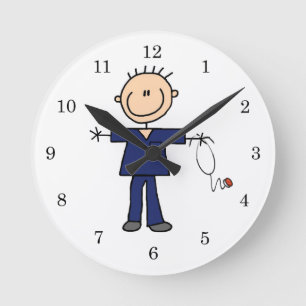 Male Stick Figure Nurse - Blue Round Clock