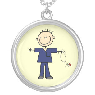Male Stick Figure Nurse - Blue Silver Plated Necklace