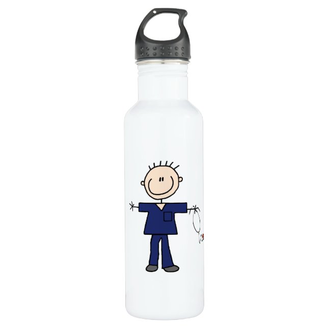 Male Stick Figure Nurse - Blue Water Bottle (Front)