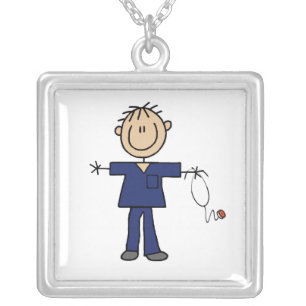 Male Stick Figure Nurse Medium Skin Silver Plated Necklace