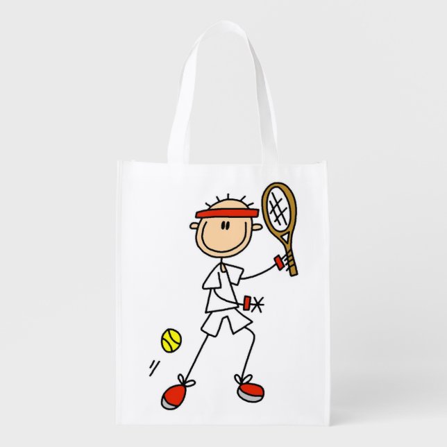 Male Stick Figure Tennis Player Reusable Grocery Bag (Front)