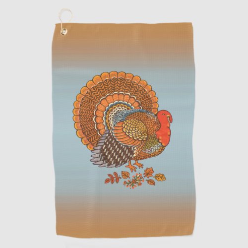 Male Turkey Colorful Feathers Fanned Tail Leaves Golf Towel