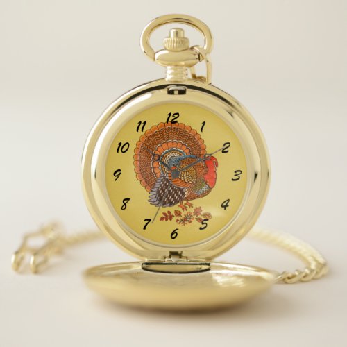 Male Turkey Fanned Tail Autumn Colored Feathers Pocket Watch