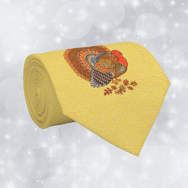 Male Turkey Fanned Tail Leaves Golden Yellow Neck Tie (Male turkey fanned tail brown orange feathers in Fall leaves gold yellow Thanksgiving mens necktie.)