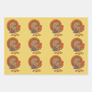 Male Turkeys Fanned Tails in Leaves Fall Feathers Wrapping Paper Sheets