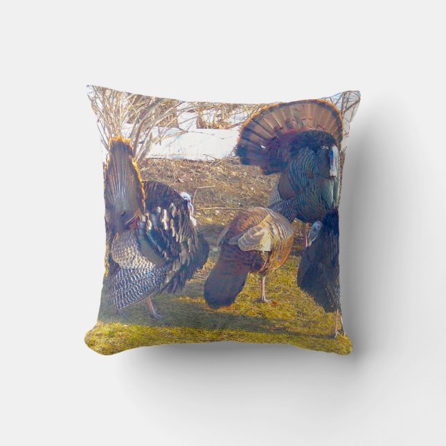 Male Turkeys in Heat and a Lady. Photo Throw Pillow (Front)