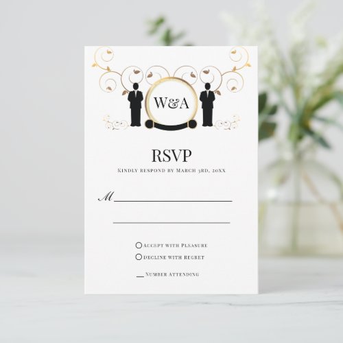 Male Wedding Gold Monogram LGBTQ RSVP Card