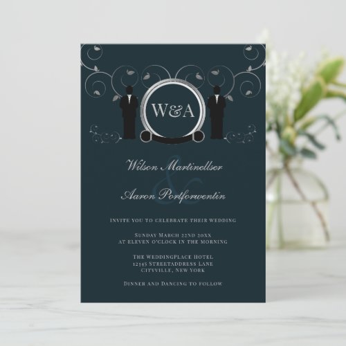 Male Wedding Silver Blue Elegant Monogram LGBTQ Invitation