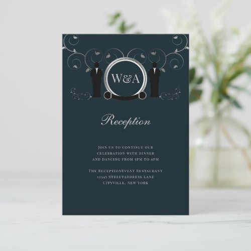 Male Wedding Silver Blue Monogram LGBTQ Reception Enclosure Card