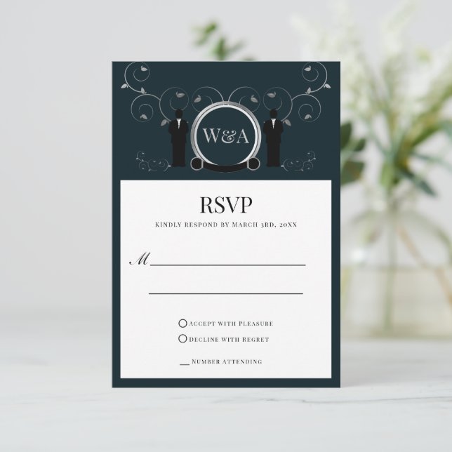 Male Wedding Silver Blue Monogram LGBTQ RSVP Card (Standing Front)