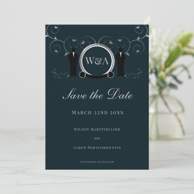 Male Wedding Silver Blue Monogram LGBTQ Save The Date (Standing Front)
