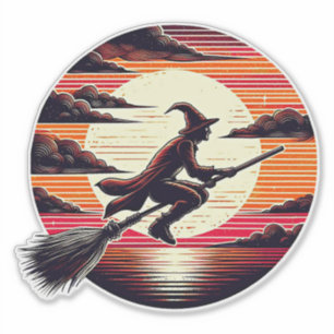 Male Witch riding Broom in sunset art illustration Sticker