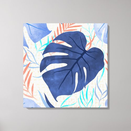 Maleah Monstera Tropical Hawaiian Watercolor_ Blue Canvas Print