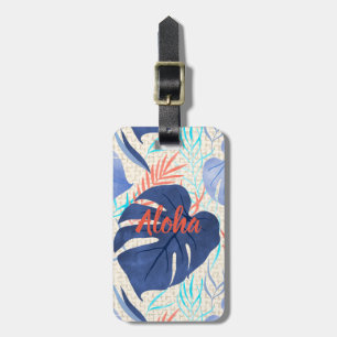 Maleah Monstera Tropical Hawaiian Watercolor- Blue Luggage Tag