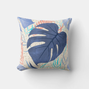 Maleah Monstera Tropical Hawaiian Watercolor- Blue Outdoor Pillow