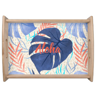 Maleah Monstera Tropical Hawaiian Watercolor- Blue Serving Tray