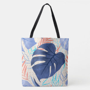 Maleah Monstera Tropical Hawaiian Watercolor- Blue Tote Bag