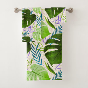 Maleah Monstera Tropical Hawaiian Watercolor-Green Bath Towel Set