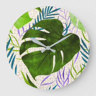 Maleah Monstera Tropical Hawaiian Watercolor-Green Large Clock