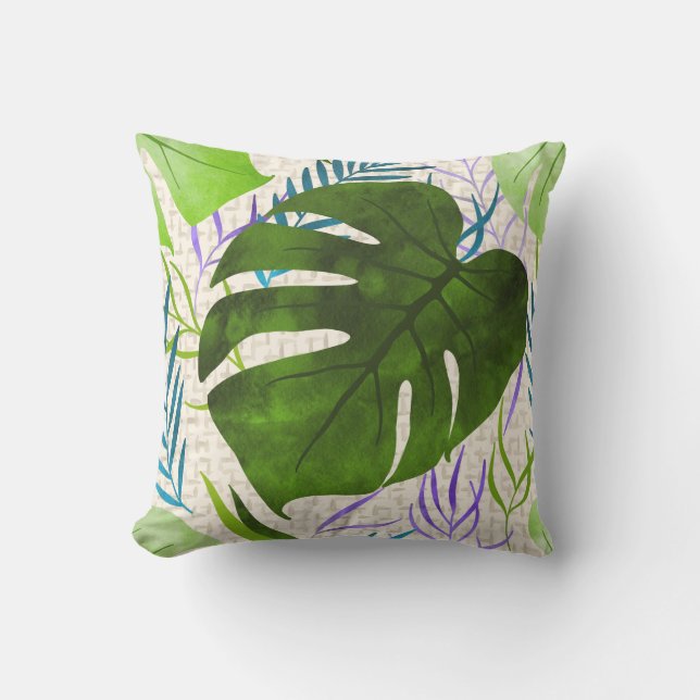 Maleah Monstera Tropical Hawaiian Watercolor-Green Outdoor Pillow (Front)