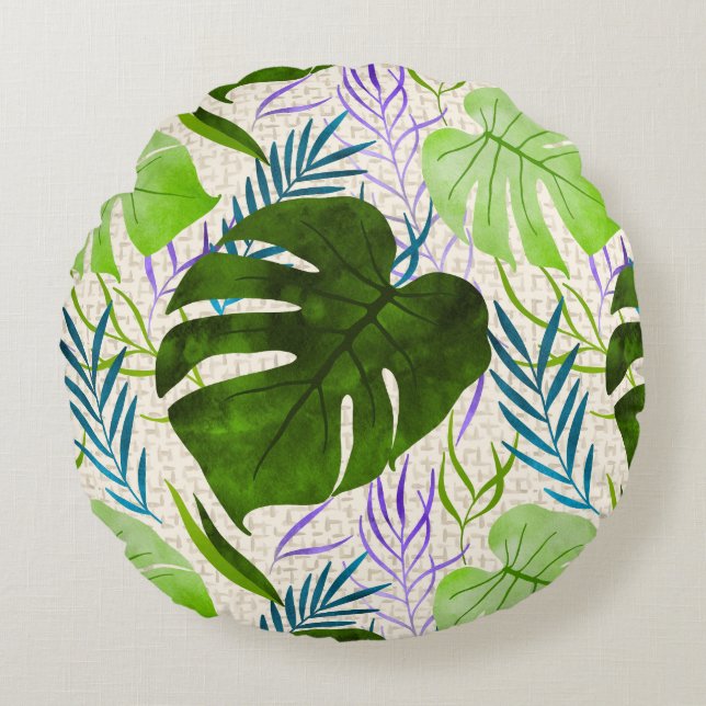 Maleah Monstera Tropical Hawaiian Watercolor-Green Round Pillow (Front)