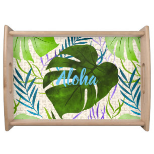 Maleah Monstera Tropical Hawaiian Watercolor-Green Serving Tray