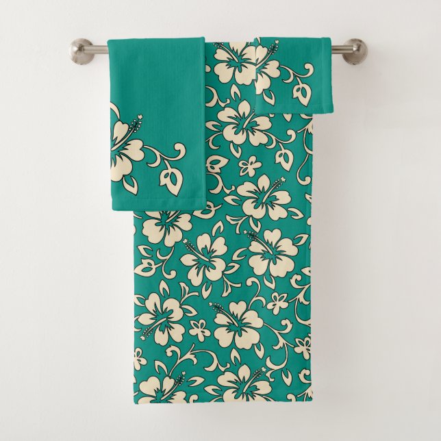Malia Hawaiian Hibiscus Floral Coordinate - Jade Bath Towel Set (Insitu)