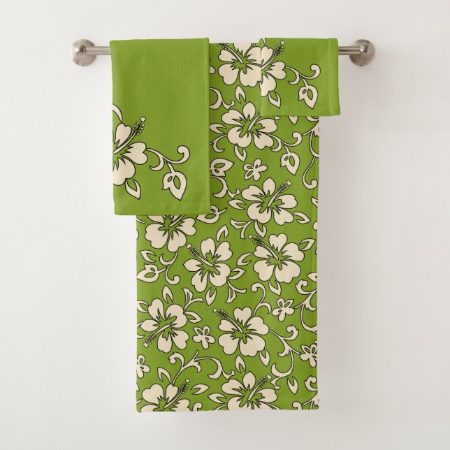 Malia Hawaiian Hibiscus Floral Coordinate -Olive Bath Towel Set (Insitu)