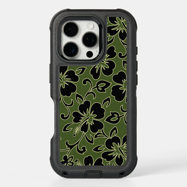 Malia Hibiscus Hawaiian Pareau Print in Olive Otterbox iPhone Case (Back)