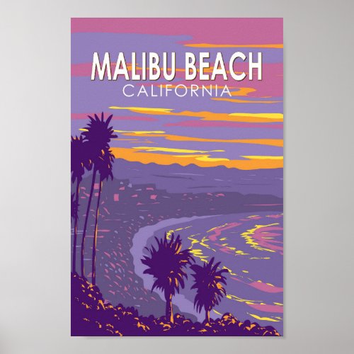 Malibu Beach California Travel Art Vintage Poster