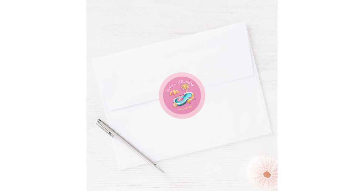 Malibu Beach Doll Retro Birthday Pool Party Classic Round Sticker | Zazzle