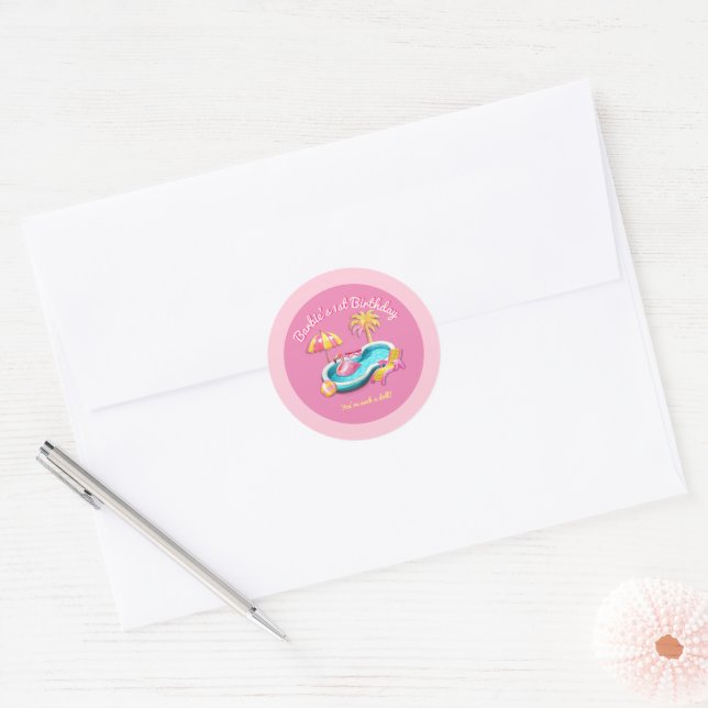 Malibu Beach Doll Retro Birthday Pool Party Classic Round Sticker (Envelope)