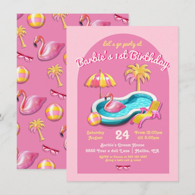 Malibu Beach Doll Retro Birthday Pool Party Invitation (Front/Back)