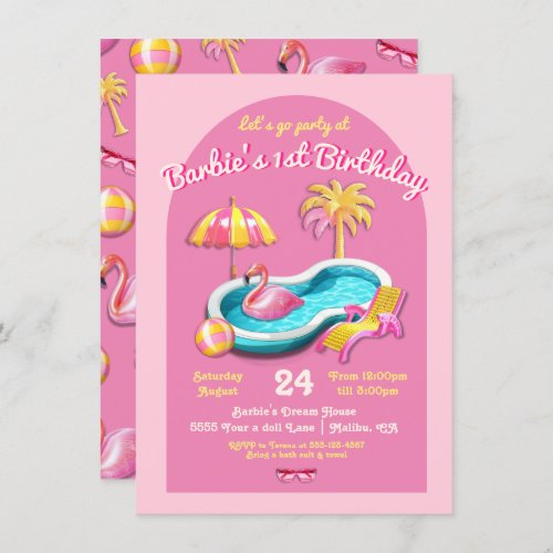 Malibu Beach Doll Retro Birthday Pool Party Invitation