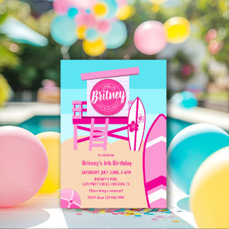Malibu Beach Doll Retro Birthday Pool Party Invitation