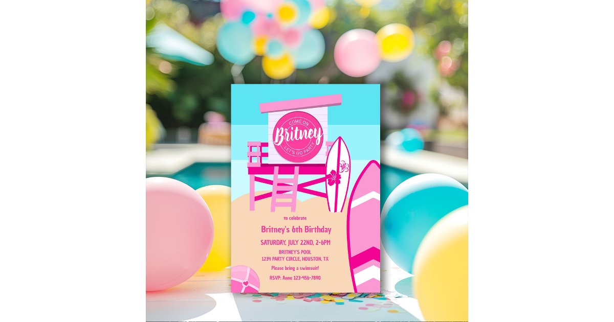 Malibu Beach Doll Retro Birthday Pool Party Invitation | Zazzle