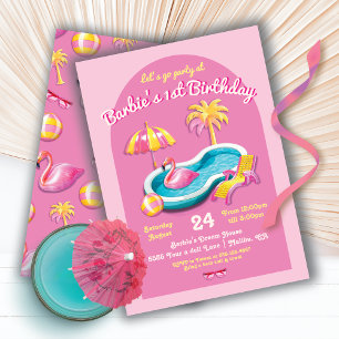 Malibu Beach Doll Retro Birthday Pool Party Invitation