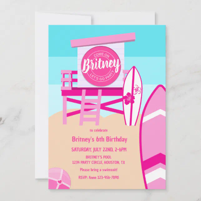 Malibu Beach Doll Retro Birthday Pool Party Invitation | Zazzle