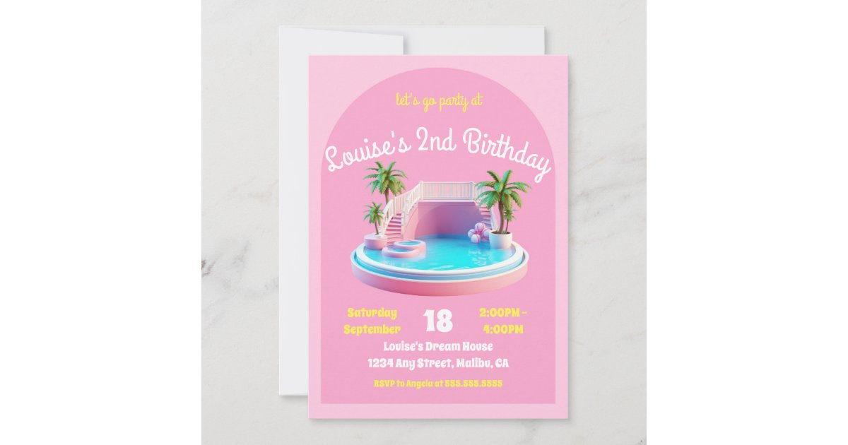 Malibu Beach Doll Retro Birthday Pool Party Invitation | Zazzle