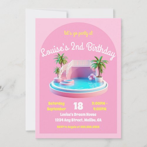 Malibu Beach Doll Retro Birthday Pool Party Invitation