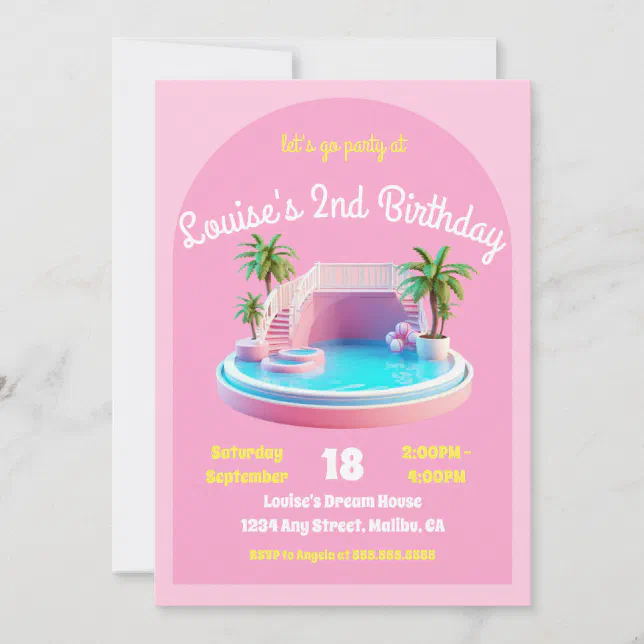 Malibu Beach Doll Retro Birthday Pool Party Invitation | Zazzle