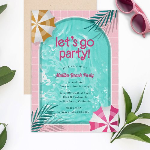 Malibu Beach Doll Summer Pool Party Birthday Invitation
