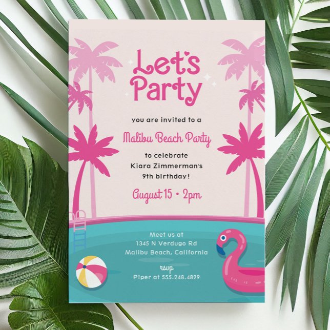 Malibu Beach Summer Pool Party Birthday Invitation (Malibu beach doll party invitation with swimming pool, palm trees and flamingo)