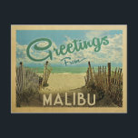 Malibu Beach Vintage Travel Postcard<br><div class="desc">This Greetings From Malibu vintage postcard design features a sandy beach with a beautiful turquoise ocean water and above the sea,  a blue sky with billowy white clouds. In vintage travels style.</div>
