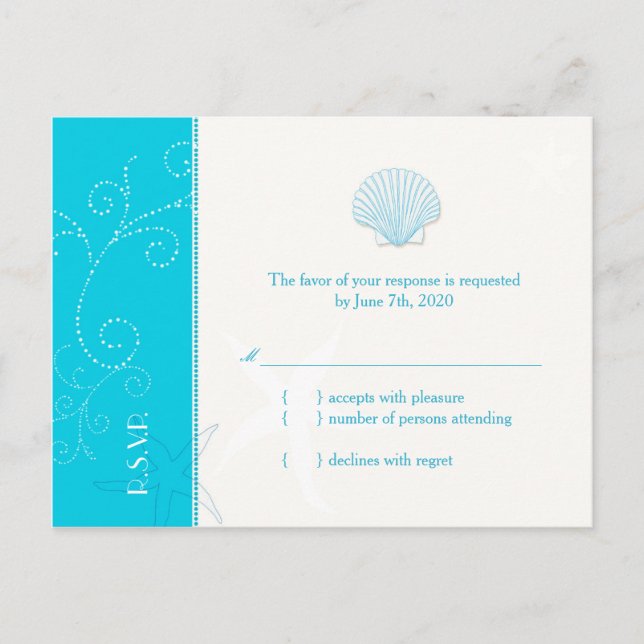 Malibu Blue Beach Shell Wedding RSVP Invitation Postcard (Front)