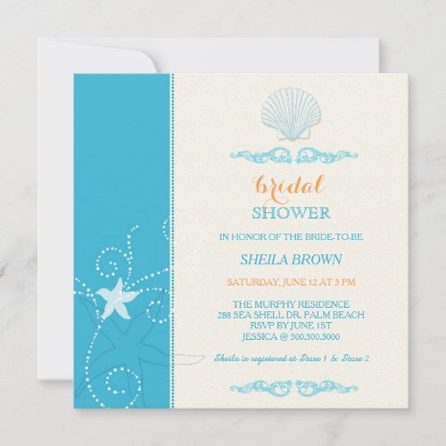 Malibu Blue Ivory Beach Bridal Shower Invitation
